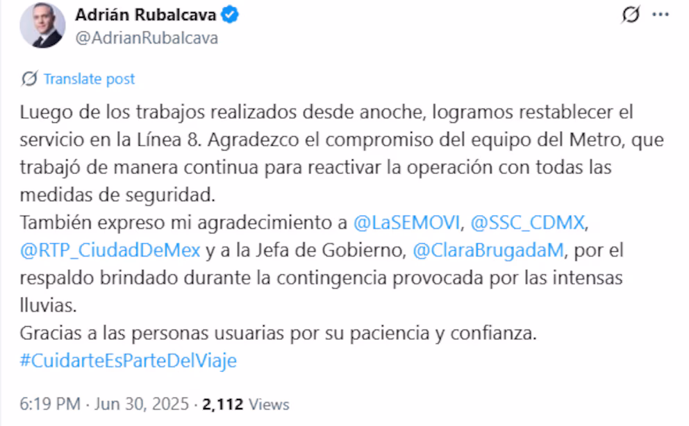 Reapertura total de la Línea 8 del Metro CDMX tras suspensión por lluvias 1 Adrián Rubalcava informó el restablecimiento total de la Línea 8.